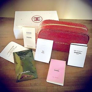 Chanel mascara set with elegant pouch and sample perfumes